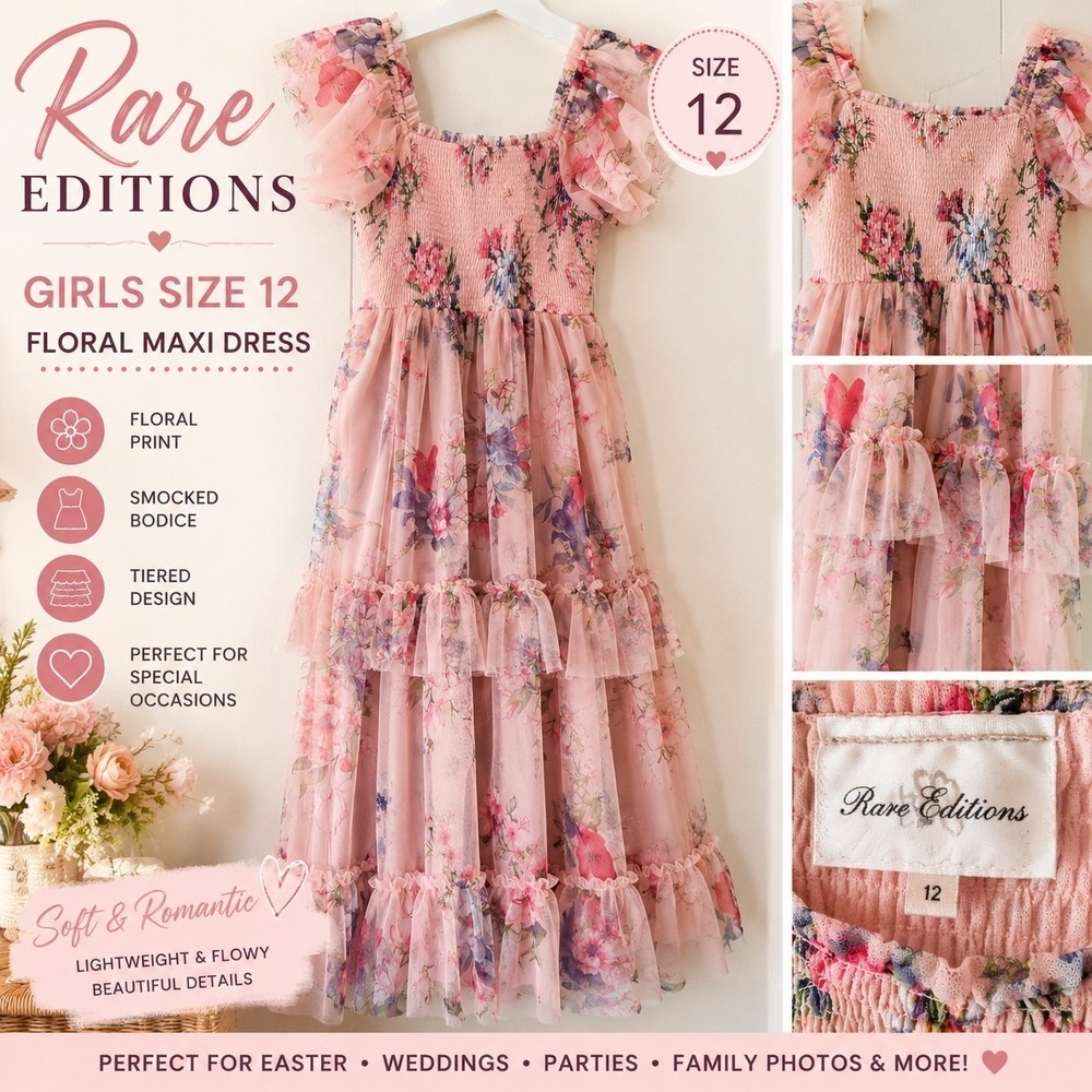 Rare Editions Girls Size 12 Pink Floral Mesh Maxi Dress Puff Sleeve Smocked...